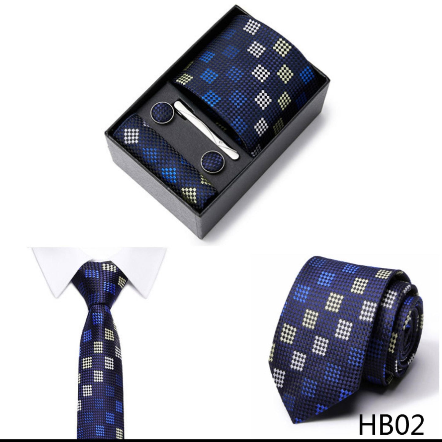 Navy Blue Biscuit Square Pattern Tie Set / Pocket Square, Bowtie, Tie Clip, Cufflinks / Gift for Him / Wedding Groomsmen Gift / Men Gift Box
