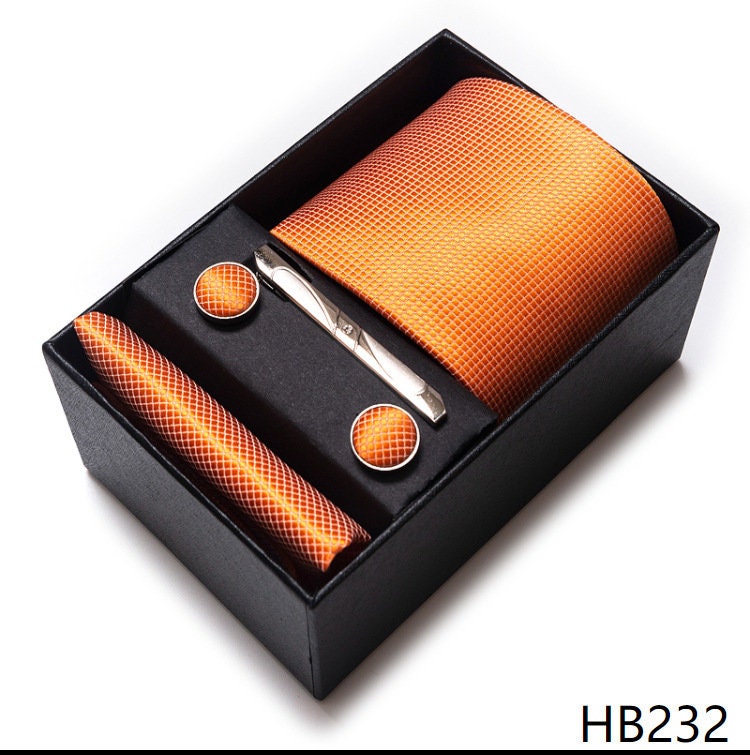 Orange Tie Set / Pocket Square Tie Bowtie Cufflinks Set / Wedding Tie / Tie Clips / Gift for him Mens Groomsmen Gift